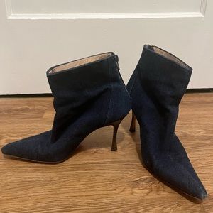 Manolo Blahnik denim pointed toe stiletto booties